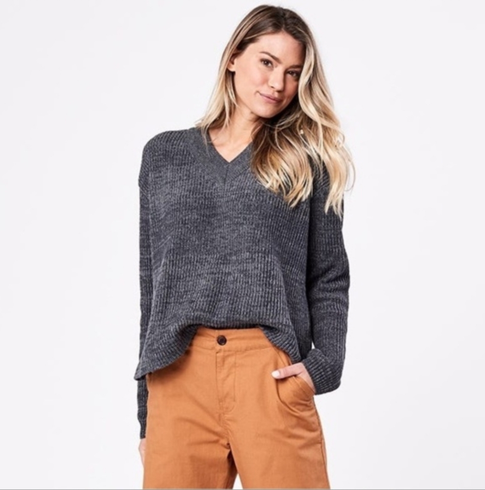 PACT Chunky Knit Boyfriend Fisherman Sweater Heather Gray Organic Cotton Size S